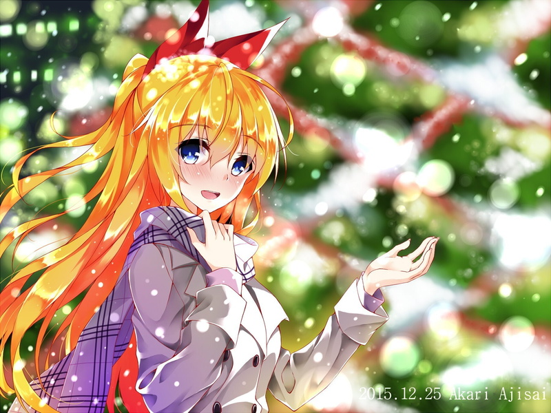 720P, Akari, christmas, headband, Kirisaki, blue eyes, Aliasing, bow, snow, winter, Nisekoi, watermark, tree, Ajisai, Chitoge, scarf, Blonde Hair