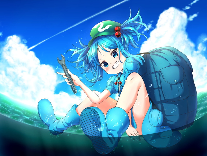 kawashiro, aliasing, eyes, tagme, loli, nitori, (artist), water, com, aqua, 261015, hair, touhou, konachan, hat, 720P