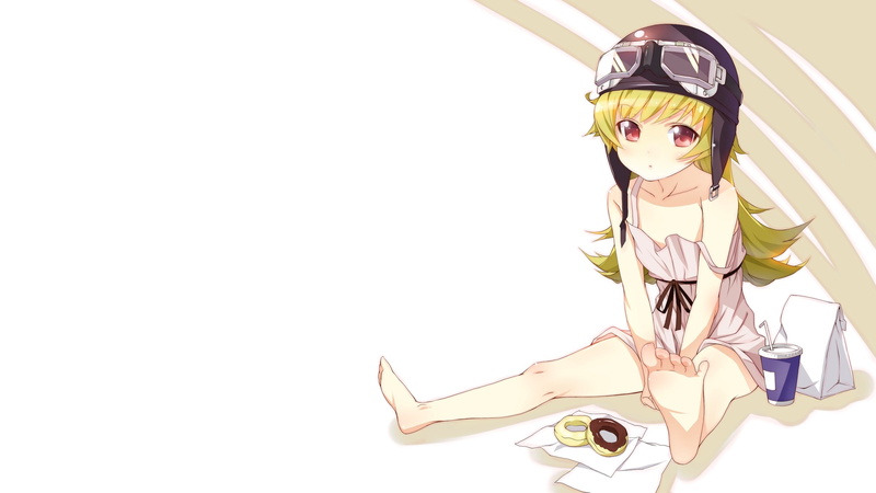 long, makoto, food, 2K, hair, blonde, loli, chest, aliasing, ichi, summer, barefoot, oshino, shinobu, dress, eyes, goggles, hat, white, flat, red, bakemonogatari