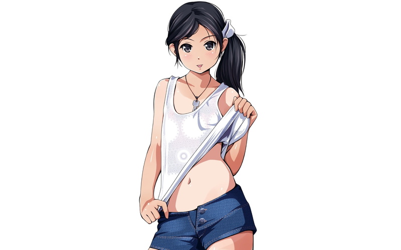 shorts, long, kouyou, 1080P, gray, navel, matsunaga, 237401, ponytail, black, eyes, aliasing, necklace, hair, white, konachan, com, blush, original