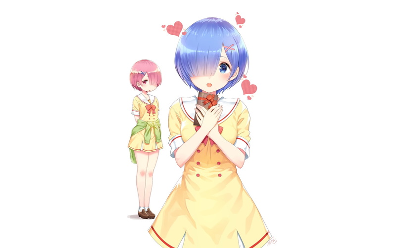 aqua, valentine, ram, white, konachan, zero), 260614, (re, rem, signed, aliasing, yasuyuki, dress, hair, seifuku, bow, 1080P, com, pink, eyes, short, 2girls