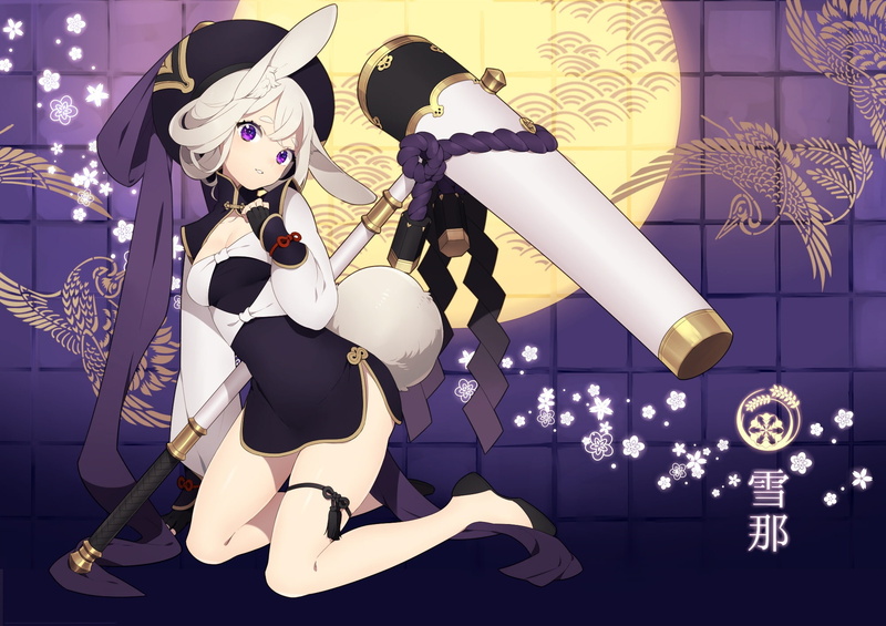 com, (asahi, gray, nini), breasts, original, ears, purple, dress, hair, 237075, gloves, eyes, weapon, aliasing, tail, bunnygirl, garter, 1080P, bunny