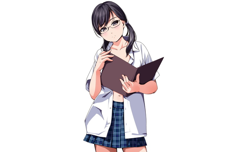 original, bra, gray, black, aliasing, navel, hair, kouyou, twintails, glasses, skirt, short, 1080P, blush, white, open, konachan, matsunaga, 237383, shirt