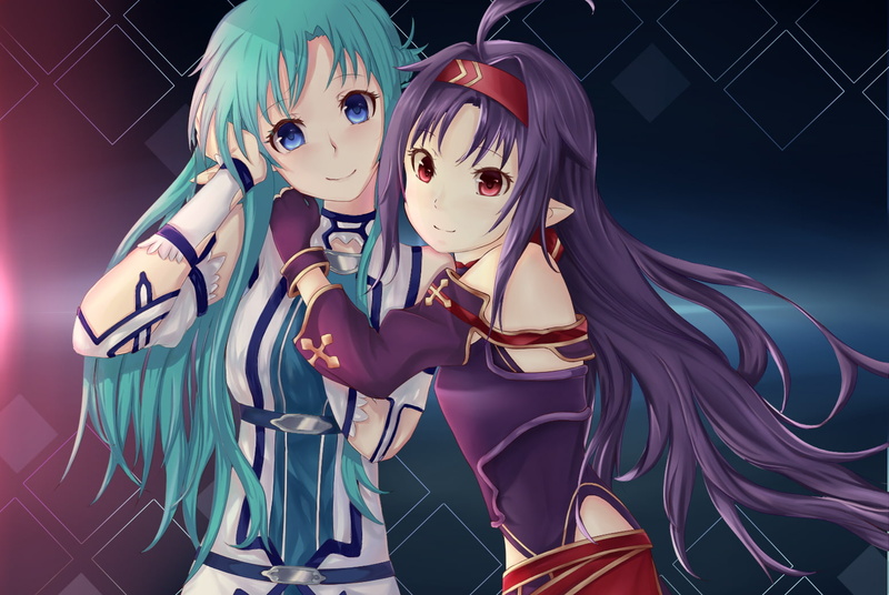 aliasing, (artist), aqua, com, eyes, online, hair, konachan, asuna, hug, purple, tagme, pointed, red, konno, long, 254537, sword, yuuki, gloves, 2girls