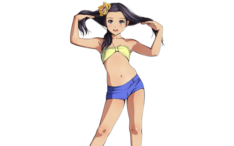 hair, bikini, chest, aliasing, matsunaga, shorts, 1080P, gray, com, blush, original, kouyou, swimsuit, white, 237463, konachan, black, navel, eyes, flat
