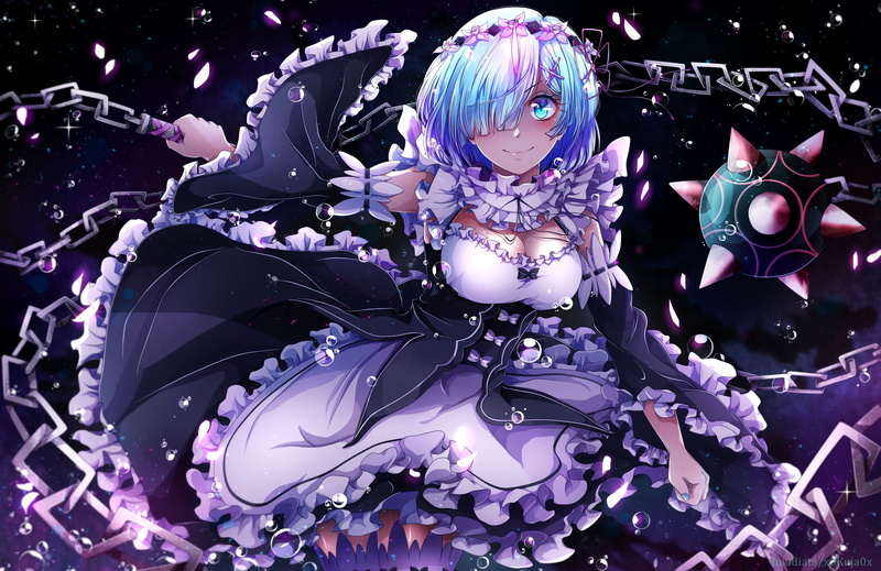 4K, aqua, ribbons, konachan, hair, eyes, maid, 241097, headdress, watermark, zero), chain, aliasing, com, bubbles, weapon, dress, bow, short, (re, rem