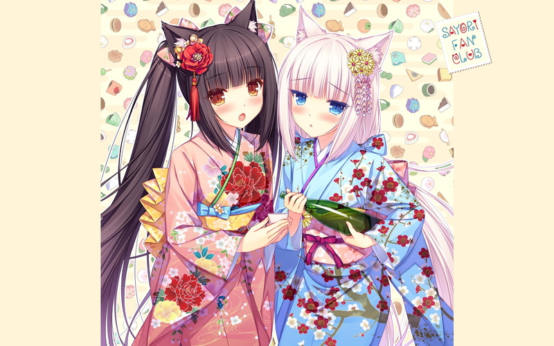 brown, aliasing, drink, sake, bell, kimono, nekopara, flowers, blue, bow, long, eyes, blush, 1080P, white, 237716, 2girls, hair, headdress, konachan, twintails