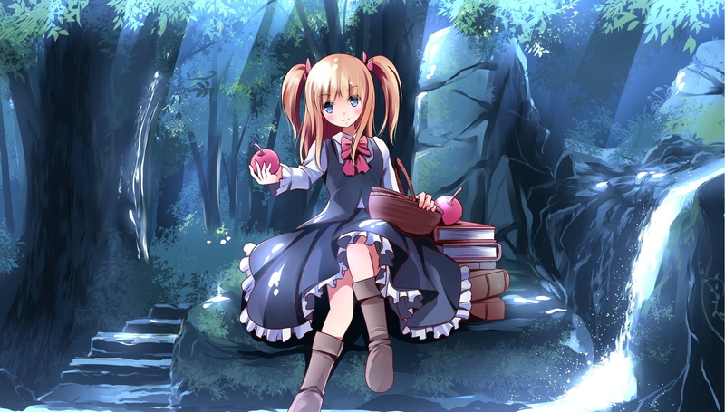 fruit, book, 1080P, stairs, forest, boots, hair, blonde, food, original, aliasing, eyes, tree, twintails, apple, risutaru, blue