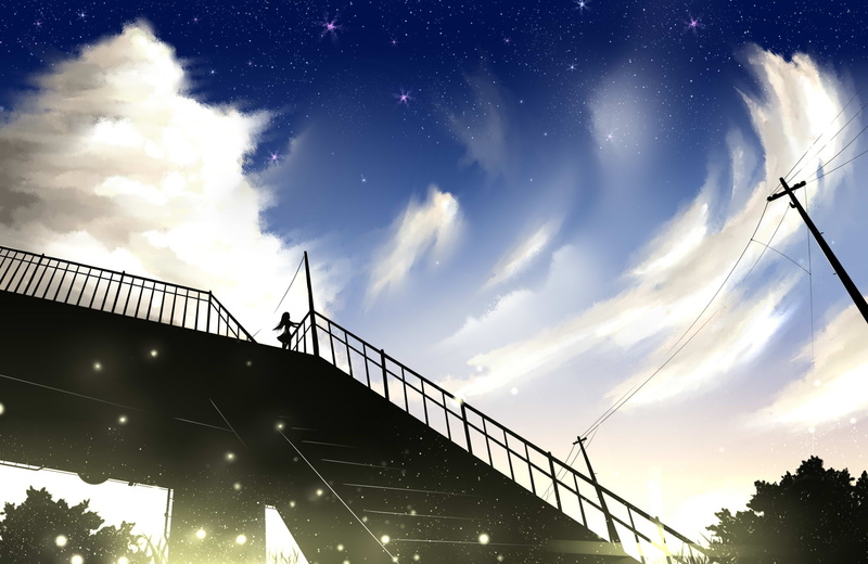 konachan, com, 1080P, clouds, stairs, silhouette, original, aliasing, louders, sky, stars, hair, long, 245430