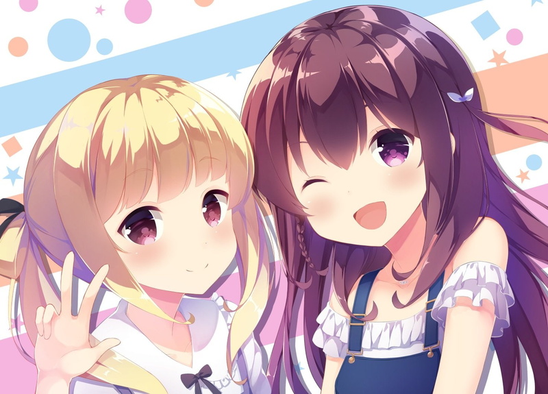 blonde, hair, eyes, purple, girls, momoka, braids, long, aliasing, brown, wink, number, red, sonou, close, 720P, twintails, blush, gi(a)rlish