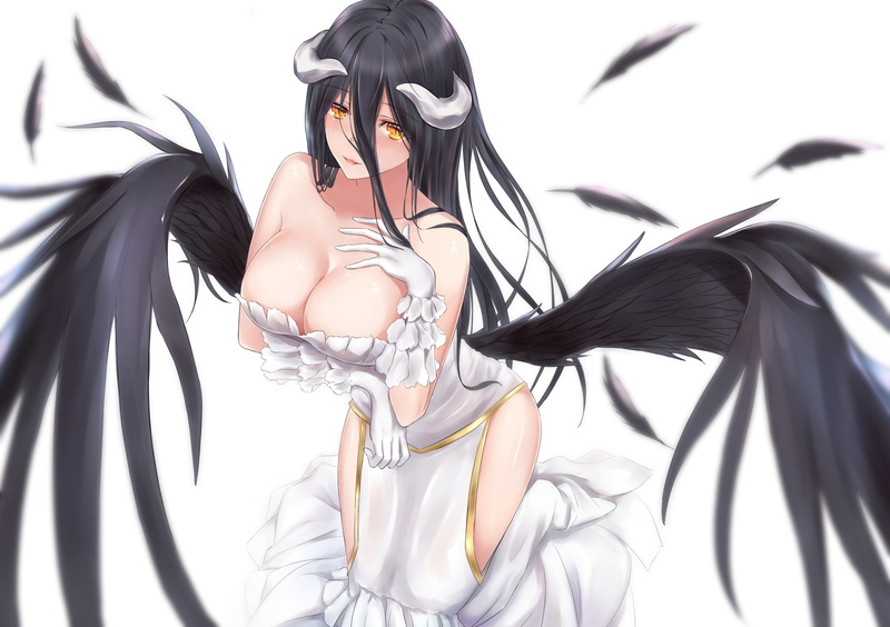 gloves, konachan, eyes, black, overlord, albedo, wings, aliasing, long, white, cleavage, hold, blush, 260719, dress, breasts, feathers, 1080P, com, horns
