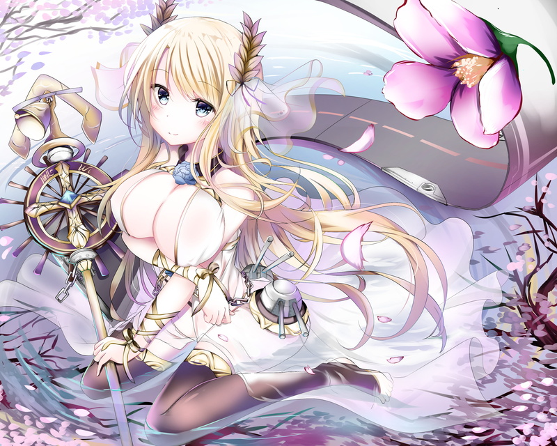 lane, com, ribbons, water, bell, flowers, breasts, blonde, azur, hair, weapon, long, konachan, chain, 262374, (artist), eyes, staff, thighhighs, cleavage