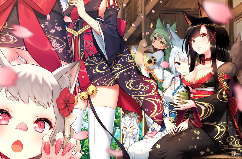 kimono, underwear, 1080P, bell, loli, group, foxgirl, com, hair, cat, tail, 261926, aliasing, konachan, dress, animal, catgirl, long, blue, eyes, yasuyuki
