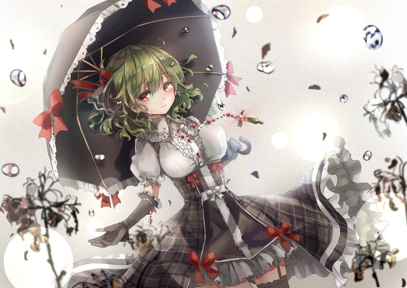 dress, necklace, cross, goth-loli, bubbles, gloves, 247622, garter, belt, hair, breasts, konachan, green, red, com, 720P, touhou, tears, aliasing, thighhighs