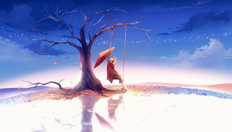 lluluchwan, aliasing, 2K, landscape, autumn, scenic, 254165, all, clouds, brown, short, konachan, original, sky, male, reflection, leaves, hair, com, scarf