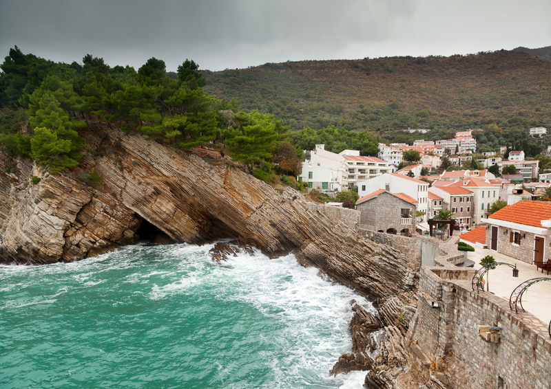 no people, water, day, shore, Petrovac, residential district, land, built structure, motion, home, Petrovac na Moru, Montenegro, high angle view, building exterior