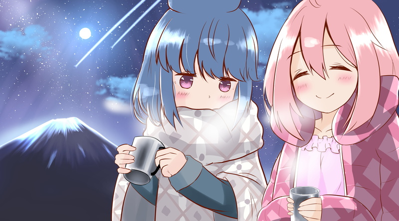 sky, Rin Shima, night, Yuru Camp, 2K, anime girls, Moon, anime, Nadeshiko Kagamihara
