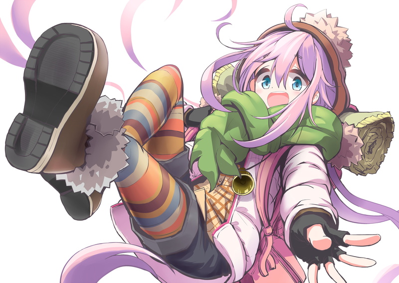 anime, 4K, Yuru Camp, Nadeshiko Kagamihara, white background, scarf, pink hair, anime girls