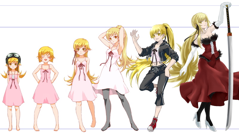 Oshino Shinobu, studio shot, 4K, creativity, in a row, dress, anime girls, long hair, representation, white background, clothing, Monogatari Series, group