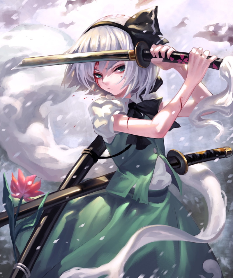 short hair, blood, 720P, gray hair, anime girls, green eyes, sword, anime, weapon