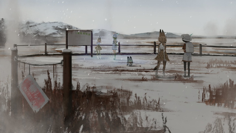 reflection, lake, Kaban (Kemono Friends), wooden post, no people, waterfront, architecture, Anime, wood - material, sky, nature, Kemono Friends, text, cold temperature