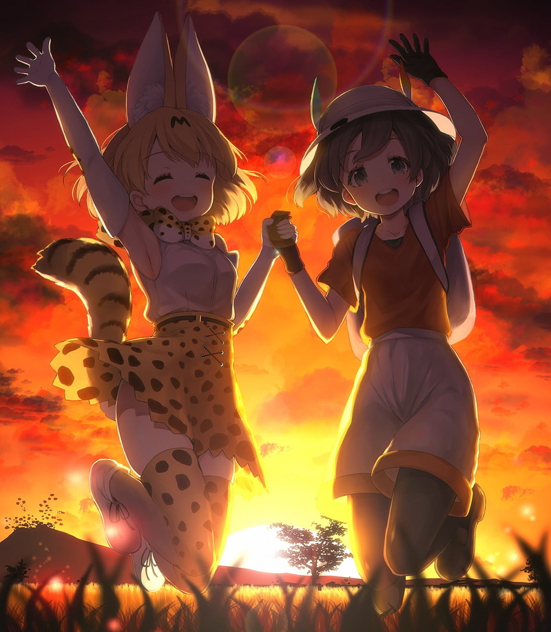 Serval (Kemono Friends), Kemono Friends, togetherness, sunlight, standing, people, girls, tail, Kaban (Kemono Friends), child, thigh-highs, sky, leisure activity