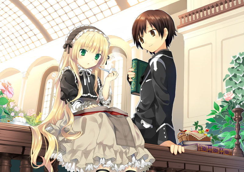 blonde, flowers, broix, 2K, tsubomi, eyes, goth loli, gosick, hanabana, kujou, victorique, green, book, hair, kazuya