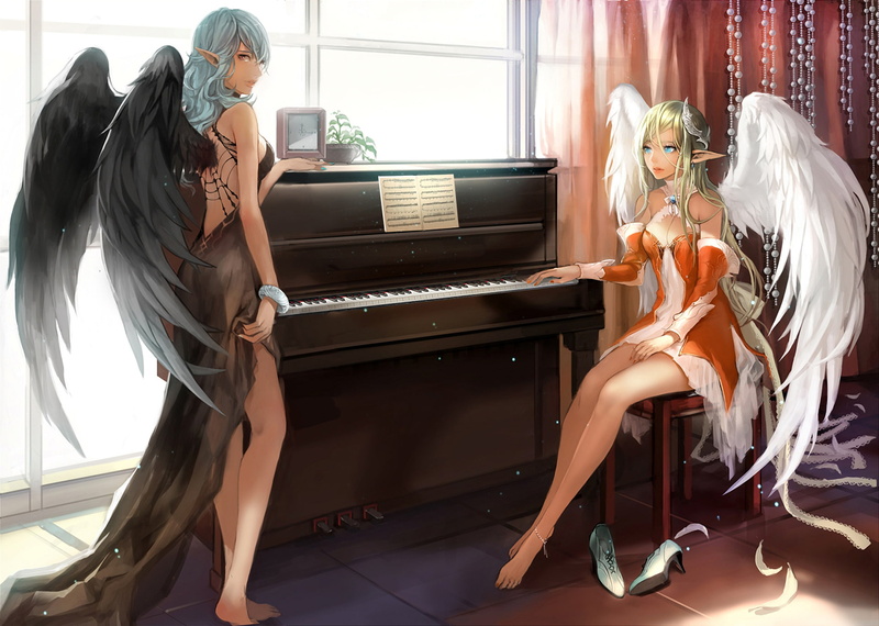 gothic, girls, piano, dark, room, angel, goth loli, angels, light, original, goth, loli, 1080P