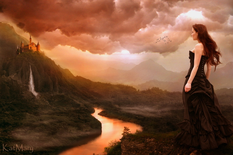 goth, Gothic, river, girl, castle, birds, 1080P, waterfall, mountains, clouds, mood, redhead, fantasy, loli, women, landscape