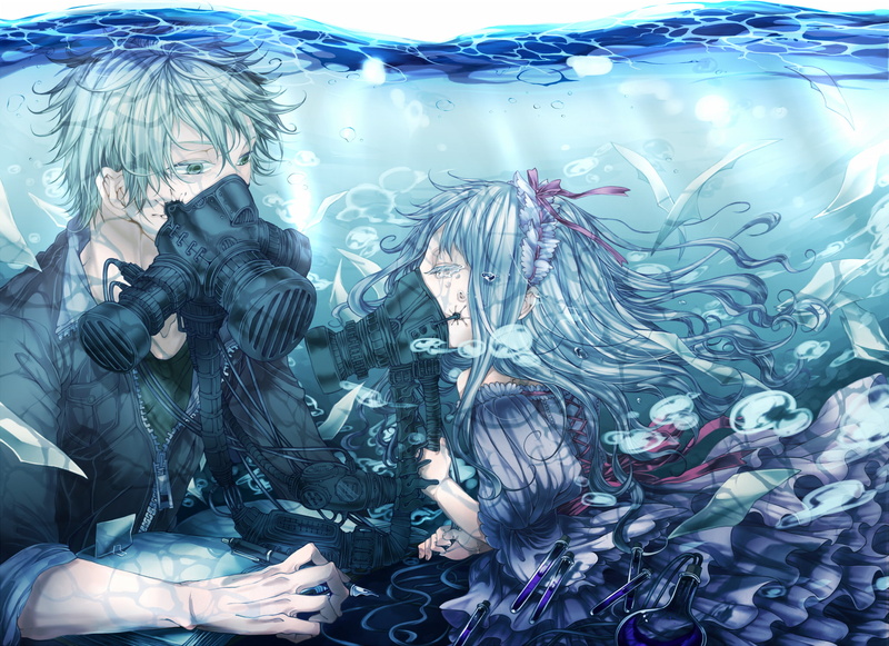 underwater, apocalyptic, mask, bubbles, post, original, 1080P, gas, mood, gothic, pixiv, goth, emo, loli, lolita, bokeh