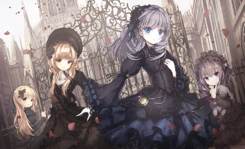 goth-loli, dress, hair, eyes, 246738, loli, gray, building, 720P, corset, petals, headdress, blue, apple228, green, long, konachan, ribbons, group, com