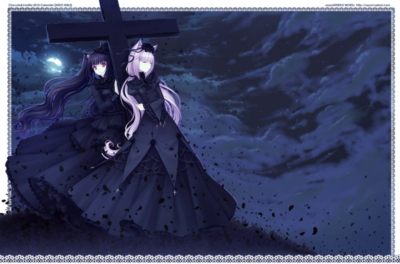 hat, night, long, ribbons, goth, stars, catgirl, flowers, rose, moon, girls, gothic, dress, hair, petals, corset, 720P, loli, clouds, sayori, cross, original