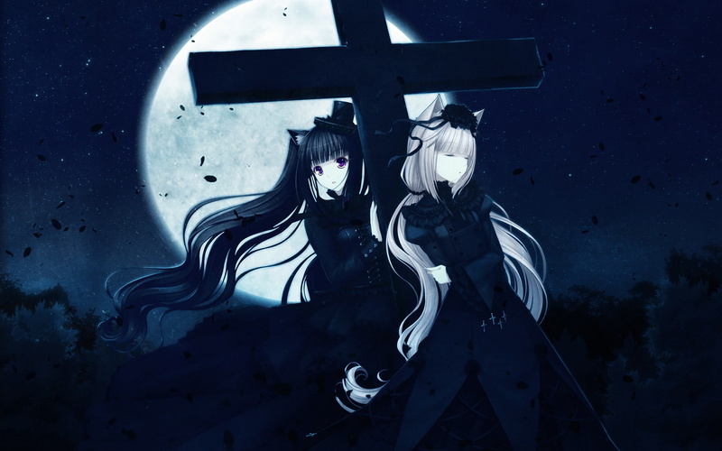 black, twintails, hair, corset, photoshop, long, gothic, cross, white, girls, catgirl, moon, blue, petals, goth loli, night, original, stars, 1080P, sayori