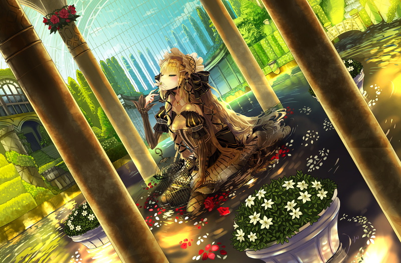 blonde, cage, lolita, hair, water, fashion, kagamine, goth loli, 720P, vocaloid, flowers, petals, kanipanda, rin