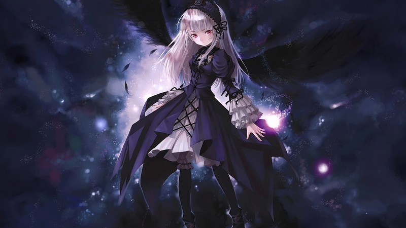 1080P, anime girls, Suigetsu, Suigintou, dress, Rozen Maiden, dark, anime, white hair, blonde, red eyes, eyes, long hair, wings