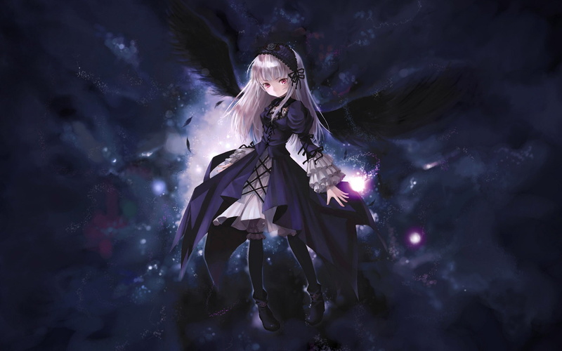 1080P, Suigetsu, wings, red eyes, anime, Suigintou, dress, dark, anime girls, white hair, eyes, blonde, Rozen Maiden, long hair