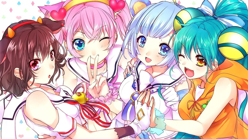female likeness, multi colored, no people, anime girls, blue eyes, red eyes, variation, Tsukino (Show By Rock), open mouth, wink, human representation