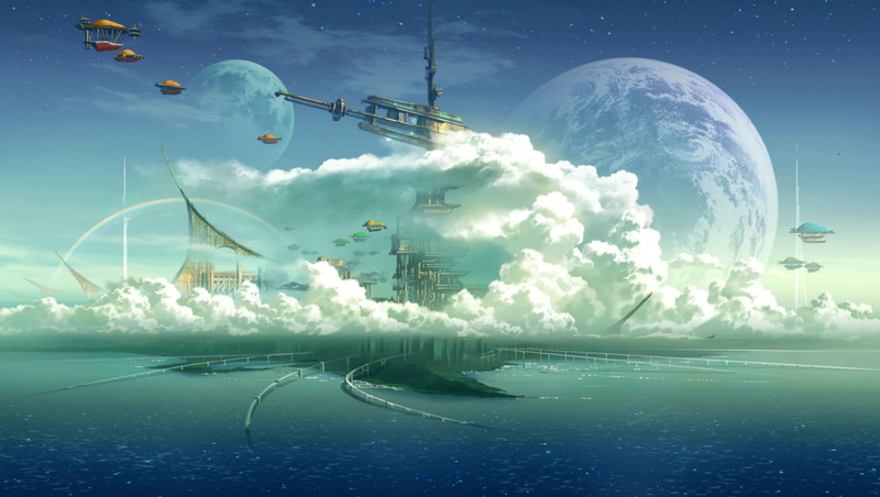 water, 720P, planet, original, city, moon, stars, clouds, technoheart, aircraft