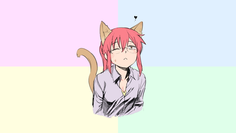 copy space, cat ears, cut out, vertebrate, representation, simple background, human representation, indoors, cat tail, colored background, one animal, Kobayashi-san Chi no Maid Dragon