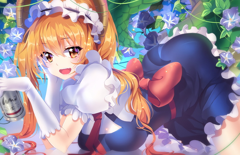 Blush, Anime, Tohru (Miss Kobayashis Dragon Maid), Beer, Miss Kobayashis Dragon Maid, Girl, Long Hair, Fangs, Flower, Blonde, Glove, Headdress, Twintails