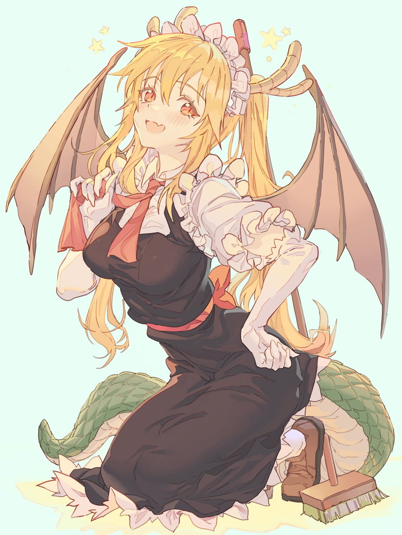 blonde, anime, Kobayashi-san Chi no Maid Dragon, red tie, maid, 720P, maid outfit, wings, digital art, twintails, dragon girl, brown eyes, drawing, blond hair