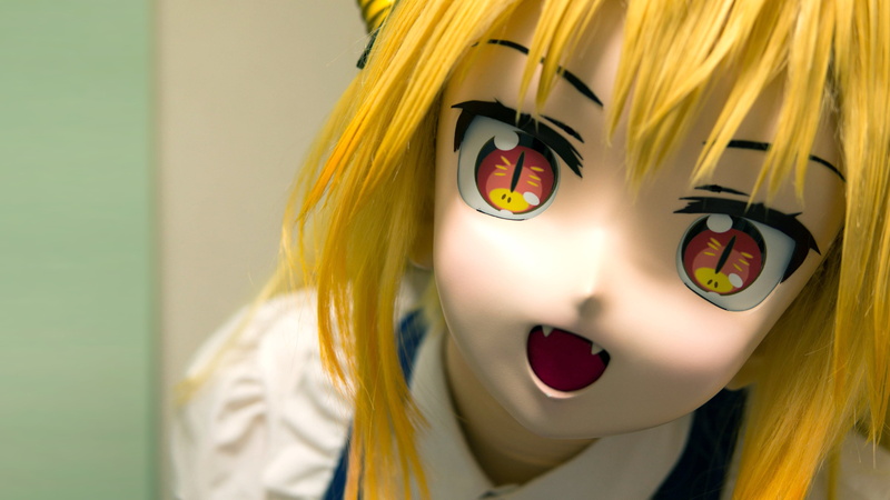 focus on foreground, emotion, yellow, Animegao Kigurumi, horns, hairstyle, women, art and craft, wig, open mouth, one person, young adult, maid outfit