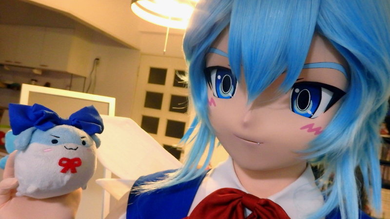 fangs, Touhou, blushing, 1080P, Cirno, yellow background, photography, Animegao Kigurumi, bean plushie, red bow, house, blue dress, mask