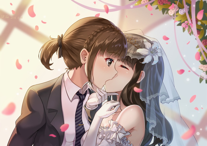 1080P, Love Live! Sunshine, anime girls, yuri, long hair, brown eyes, anime, brunette, wedding dress, short hair, Love Live!
