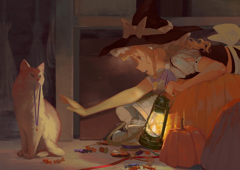 anime, Kirisame Marisa, Halloween, long hair, anime girls, candies, witch, cat, blonde, 720P, Touhou