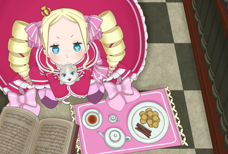 still life, innocence, relaxation, indoors, beatrice, Anime, representation, re: zero, loli, blonde, people, dress, 1080P, childhood, cute, table, child