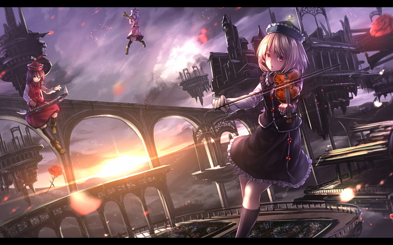 one person, Lyrica Prismriver, outdoors, leisure activity, photography themes, sky, lens flare, anime, architecture, built structure, low angle view, Merlin Prismriver