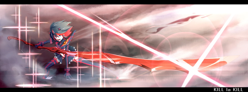 black, fami, eyes, dualscreen, ryuuko, yellow, skirt, hair, weapon, sword, short, thighhighs, skies, kill, 4K, matoi