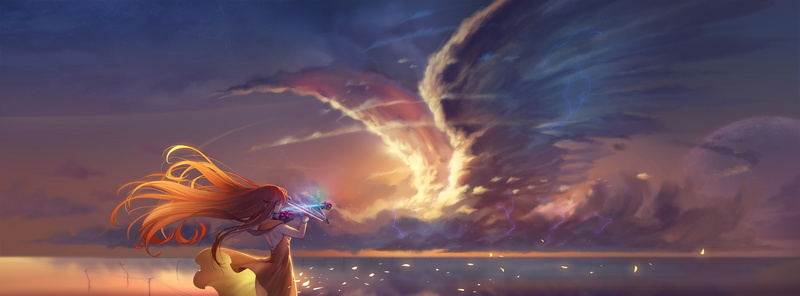 scenic, 250970, dress, dualscreen, petals, signed, com, instrument, diamond, orange, violin, dust, 2K, original, sunset, clouds, konachan, long, hair