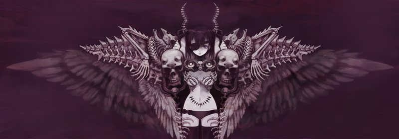 thighhighs, black, wings, eyepatch, skull, horns, dualscreen, 2K, hair, aililith, original, gothic, dark